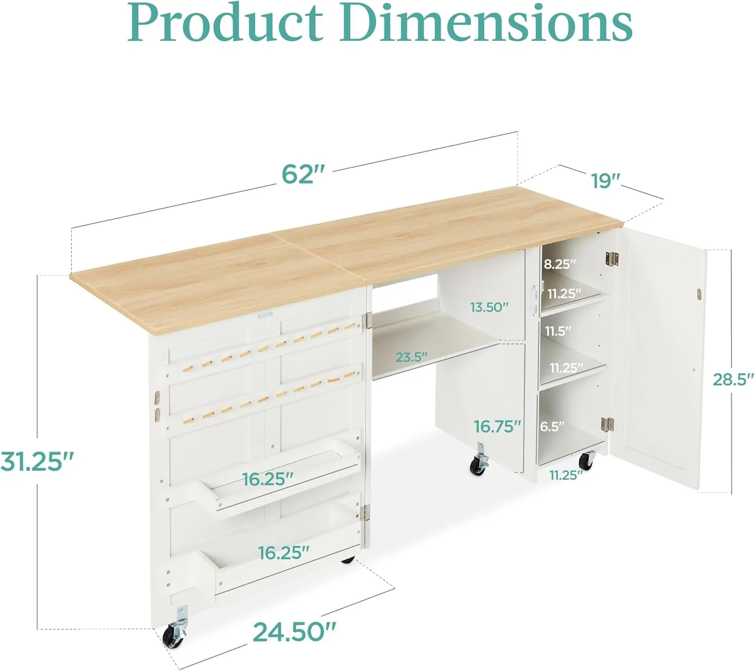 Best Choice Products Large Folding Sewing Table, Multipurpose Portable Craft Station & Side Desk w/Compact Design, Caster Wheels, Storage Shelves, 2 Storage Trays, Magnetic Doors - Natural/White