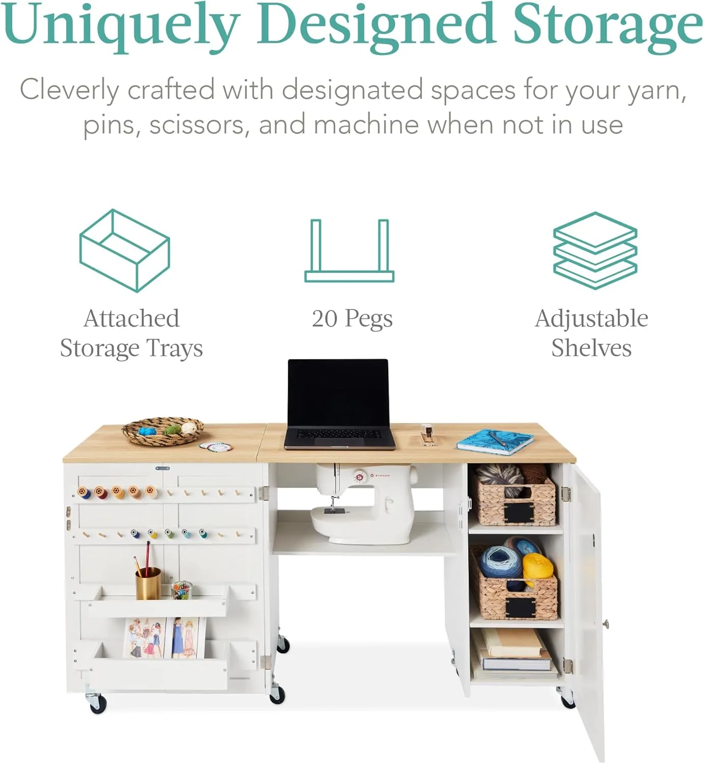 Best Choice Products Large Folding Sewing Table, Multipurpose Portable Craft Station & Side Desk w/Compact Design, Caster Wheels, Storage Shelves, 2 Storage Trays, Magnetic Doors - Natural/White
