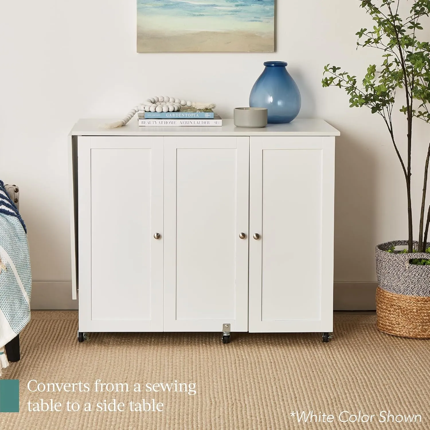 Best Choice Products Large Folding Sewing Table, Multipurpose Portable Craft Station & Side Desk w/Compact Design, Caster Wheels, Storage Shelves, 2 Storage Trays, Magnetic Doors - Natural/White