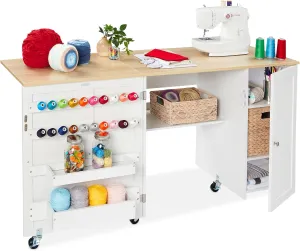 Best Choice Products Large Folding Sewing Table, Multipurpose Portable Craft Station & Side Desk w/Compact Design, Caster Wheels, Storage Shelves, 2 Storage Trays, Magnetic Doors - Natural/White