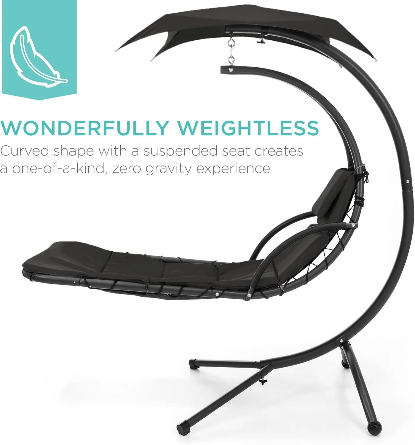 Best Choice Products Outdoor Hanging Curved Steel Chaise Lounge Chair Swing w/Built-in Pillow and Removable Canopy - Black