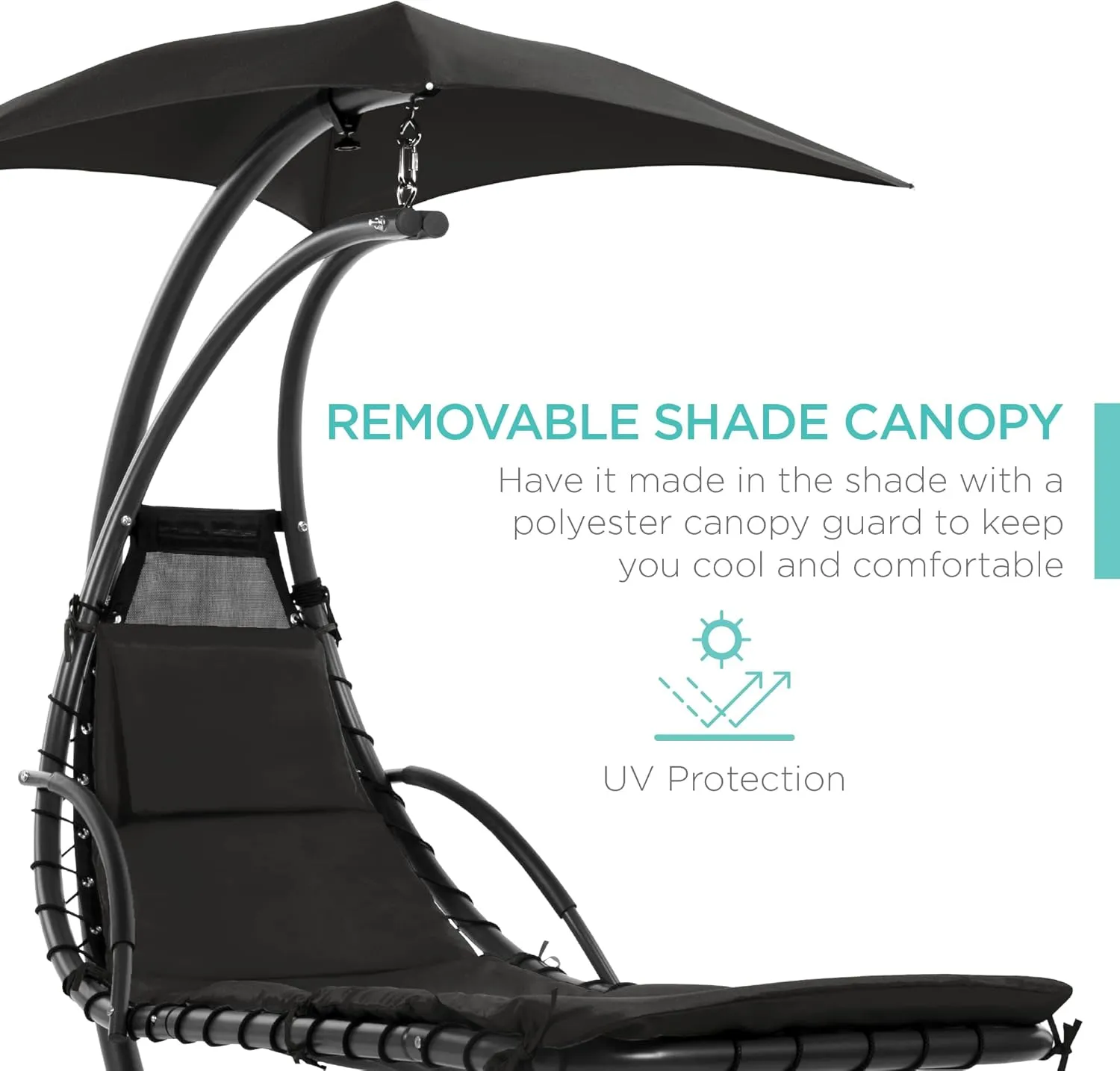 Best Choice Products Outdoor Hanging Curved Steel Chaise Lounge Chair Swing w/Built-in Pillow and Removable Canopy - Black