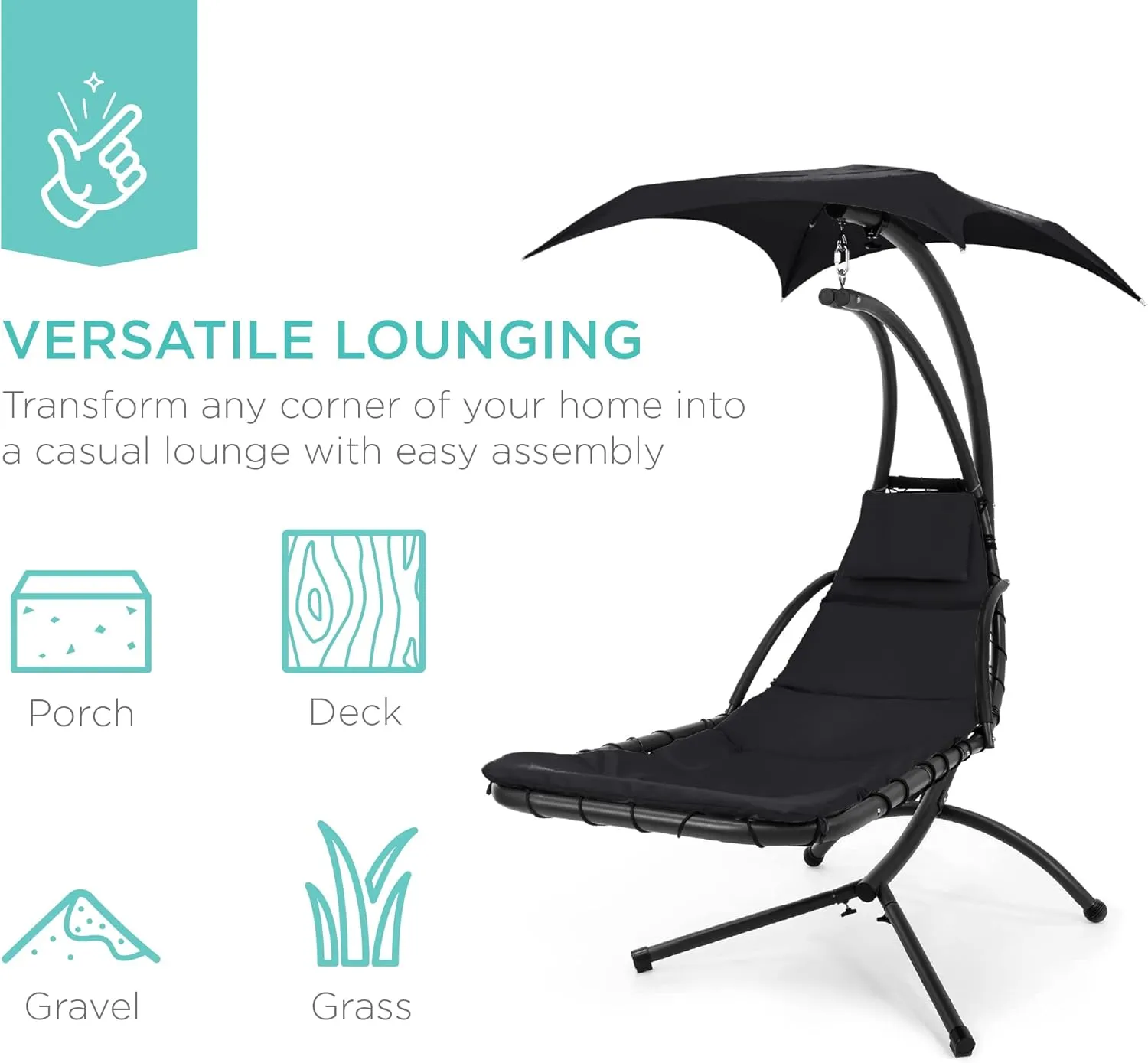Best Choice Products Outdoor Hanging Curved Steel Chaise Lounge Chair Swing w/Built-in Pillow and Removable Canopy - Black
