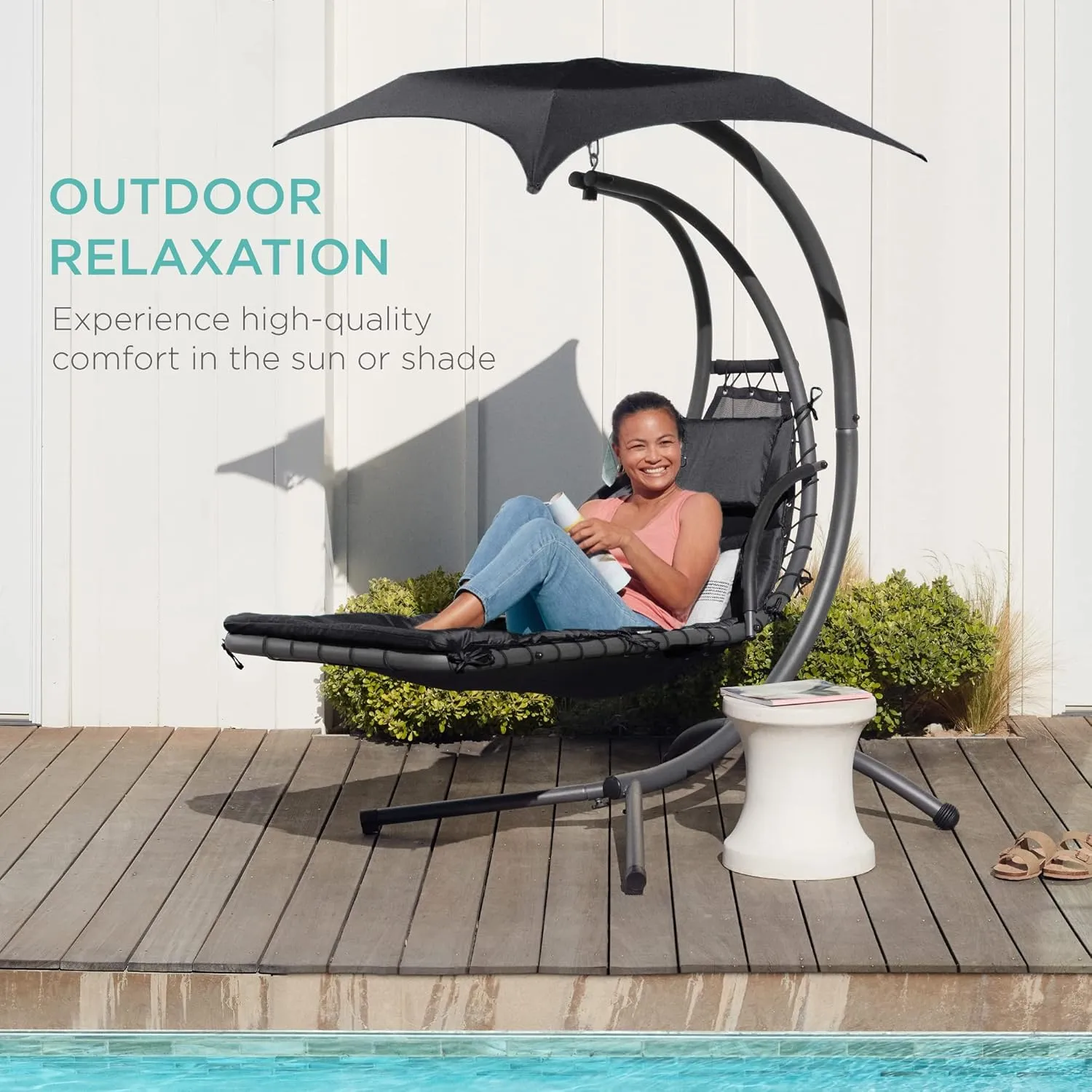Best Choice Products Outdoor Hanging Curved Steel Chaise Lounge Chair Swing w/Built-in Pillow and Removable Canopy - Black