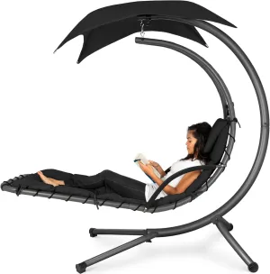 Best Choice Products Outdoor Hanging Curved Steel Chaise Lounge Chair Swing w/Built-in Pillow and Removable Canopy - Black