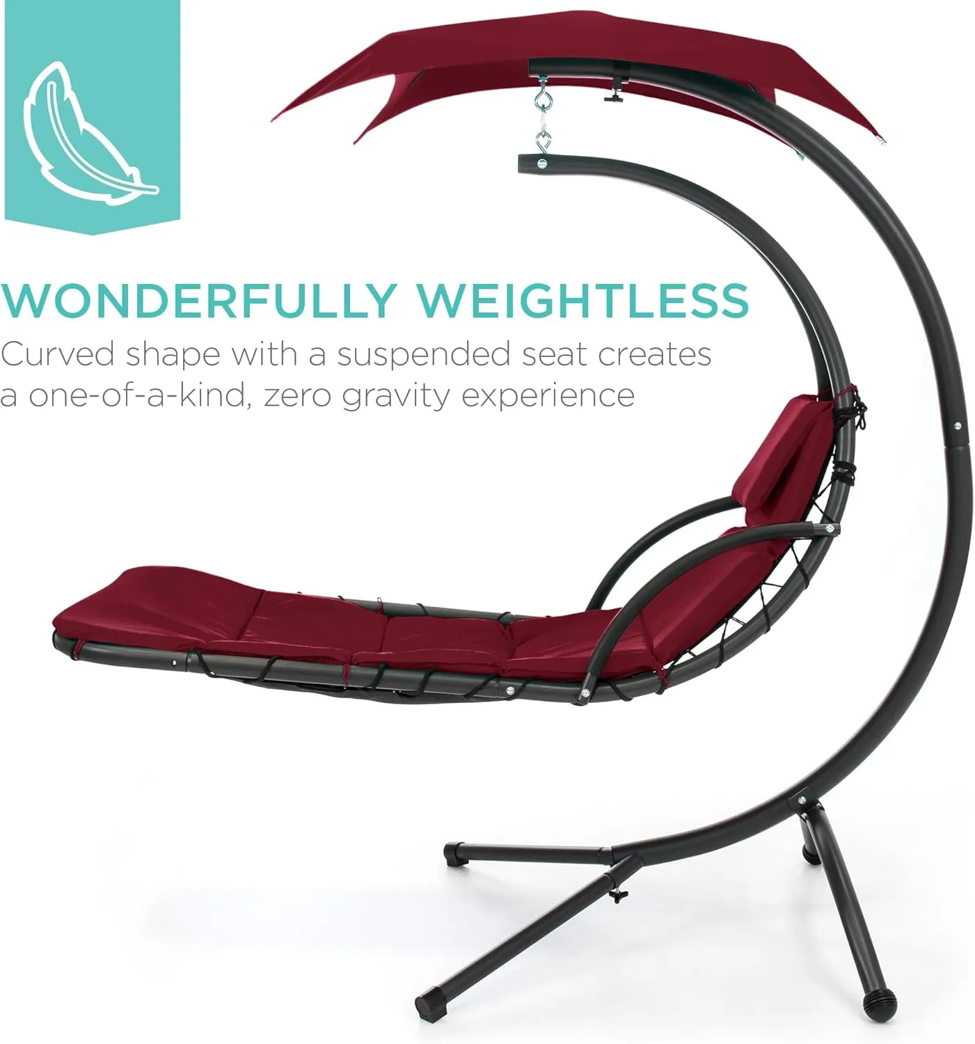 Best Choice Products Outdoor Hanging Curved Steel Chaise Lounge Chair Swing w/Built-in Pillow and Removable Canopy - Burgundy