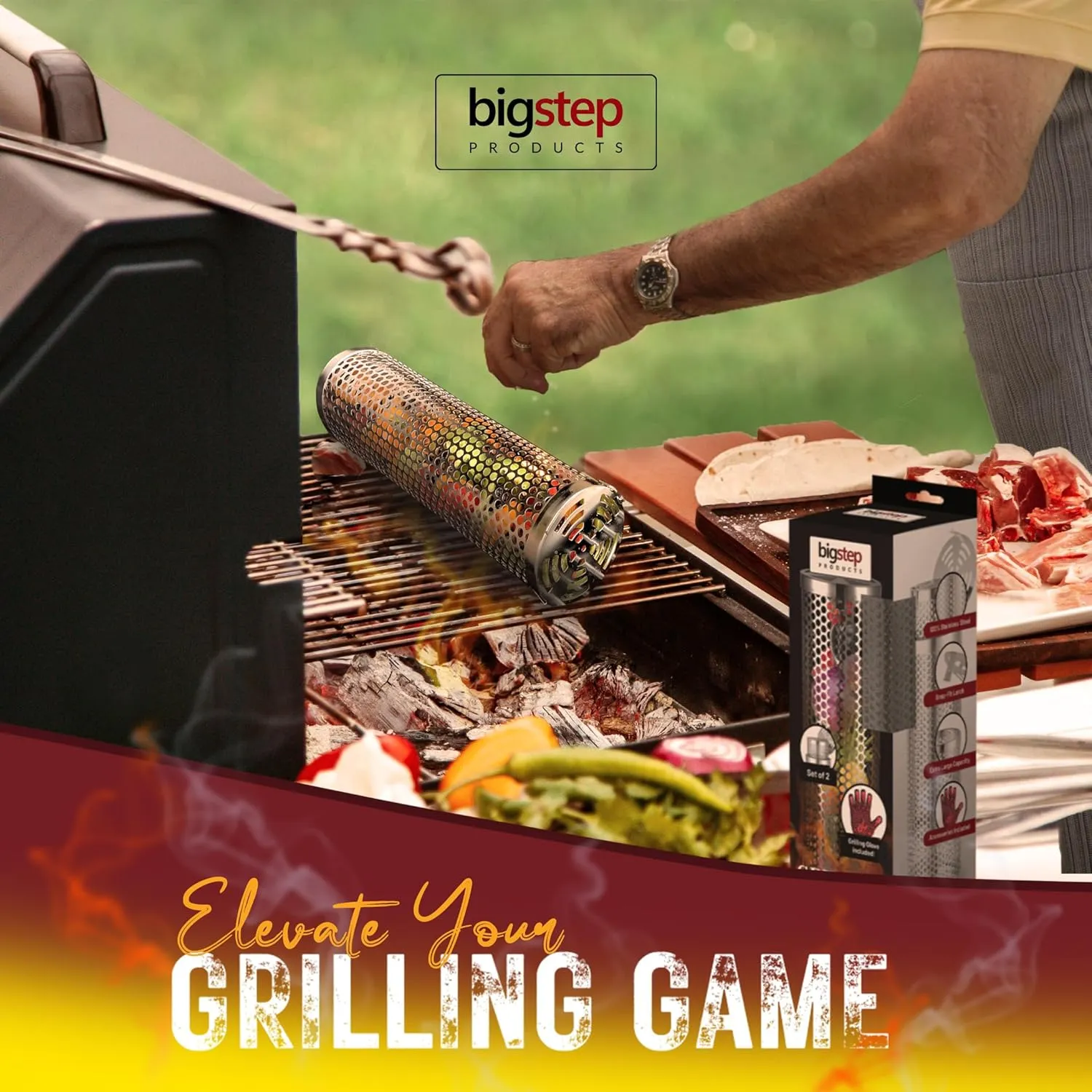 BigStep Large Capacity Round Grilling Baskets (2 Pcs) with Snap-Fit Latch - XL Grill Basket with USA Flag engraving - Includes Heat-Resistant Grilling Glove and Lifting Hook