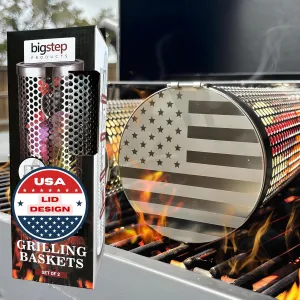 BigStep Large Capacity Round Grilling Baskets (2 Pcs) with Snap-Fit Latch - XL Grill Basket with USA Flag engraving - Includes Heat-Resistant Grilling Glove and Lifting Hook
