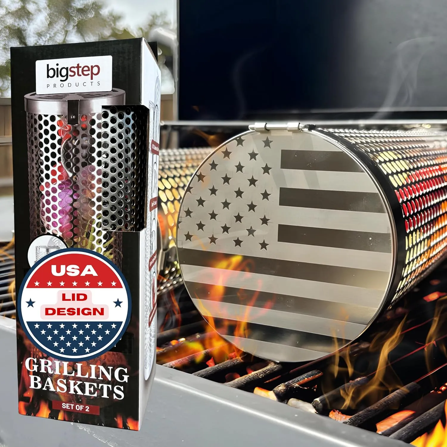 BigStep Large Capacity Round Grilling Baskets (2 Pcs) with Snap-Fit Latch - XL Grill Basket with USA Flag engraving - Includes Heat-Resistant Grilling Glove and Lifting Hook