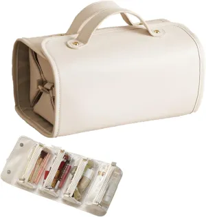 Binozinco Cosmetic Bag, Leather Waterproof Cosmetic Bag, Detachable Roll up Makeup Bag for Women, Large Capacity Portable Multi Compartment Foldable, Roll up Toiletry Bag (White)