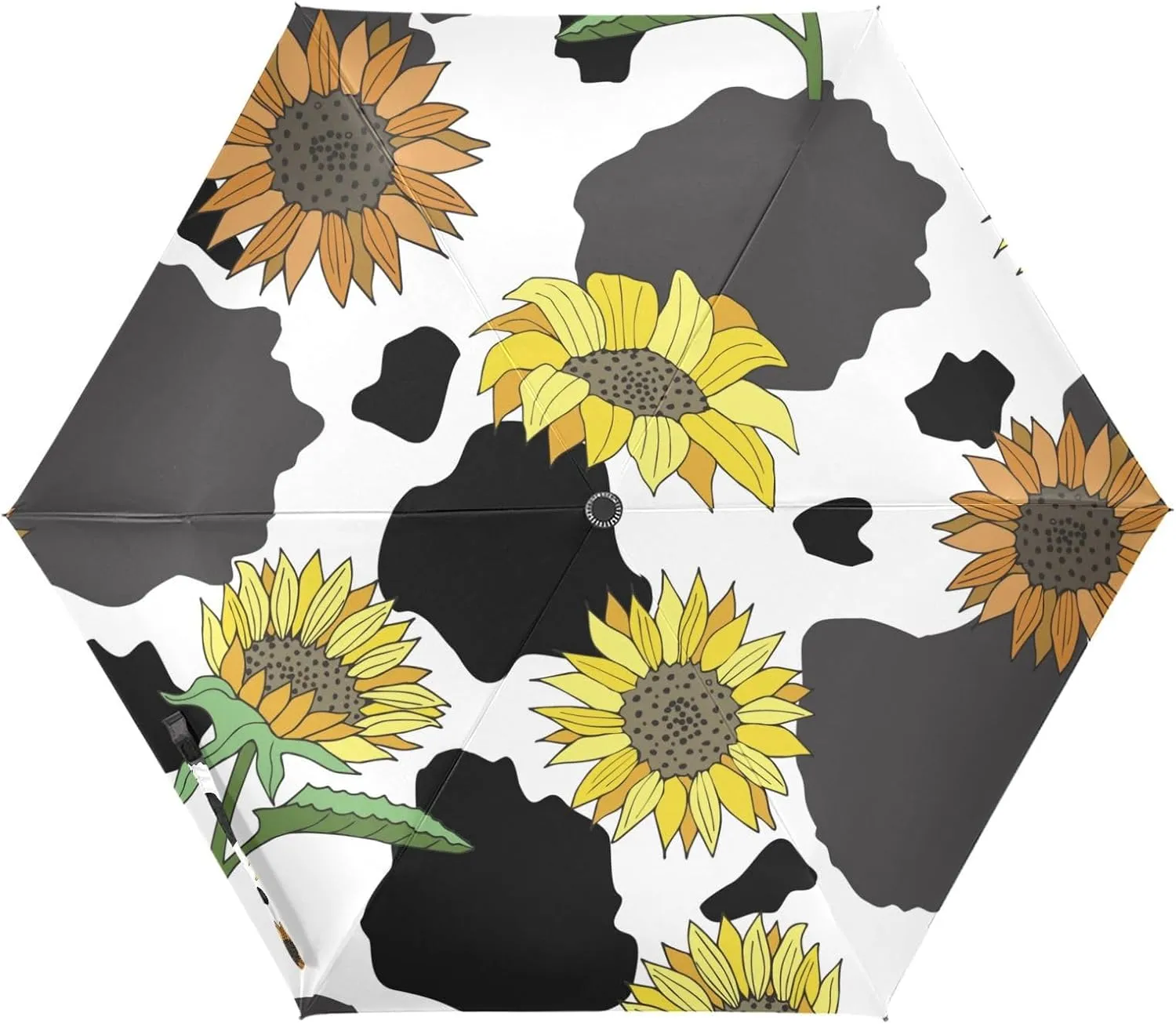 Black and White Cow Print with Sunflowers Automatic Mini Travel Windproof Umbrella Compact Auto Open/Close Small Lightweight Portable Folding Rain Umbrellas for Women Men