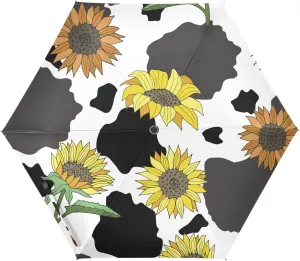 Black and White Cow Print with Sunflowers Automatic Mini Travel Windproof Umbrella Compact Auto Open/Close Small Lightweight Portable Folding Rain Umbrellas for Women Men