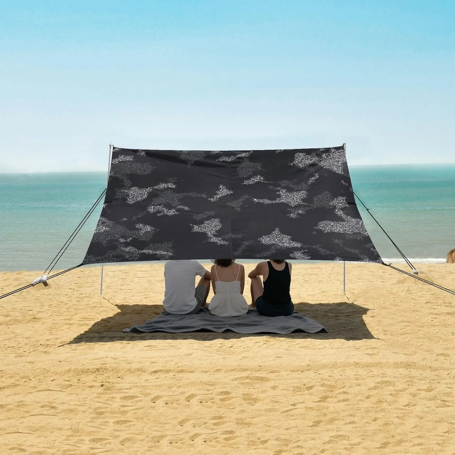 Black Dye Seamless Pattern Beach Canopy Tent Anti-UV & Wind Resistant, Camping Sun Shelter Easy Setup Portable,Outdoor Shade Tents with Sandbags,Sand Shovels,Ground Pegs & Stability Poles