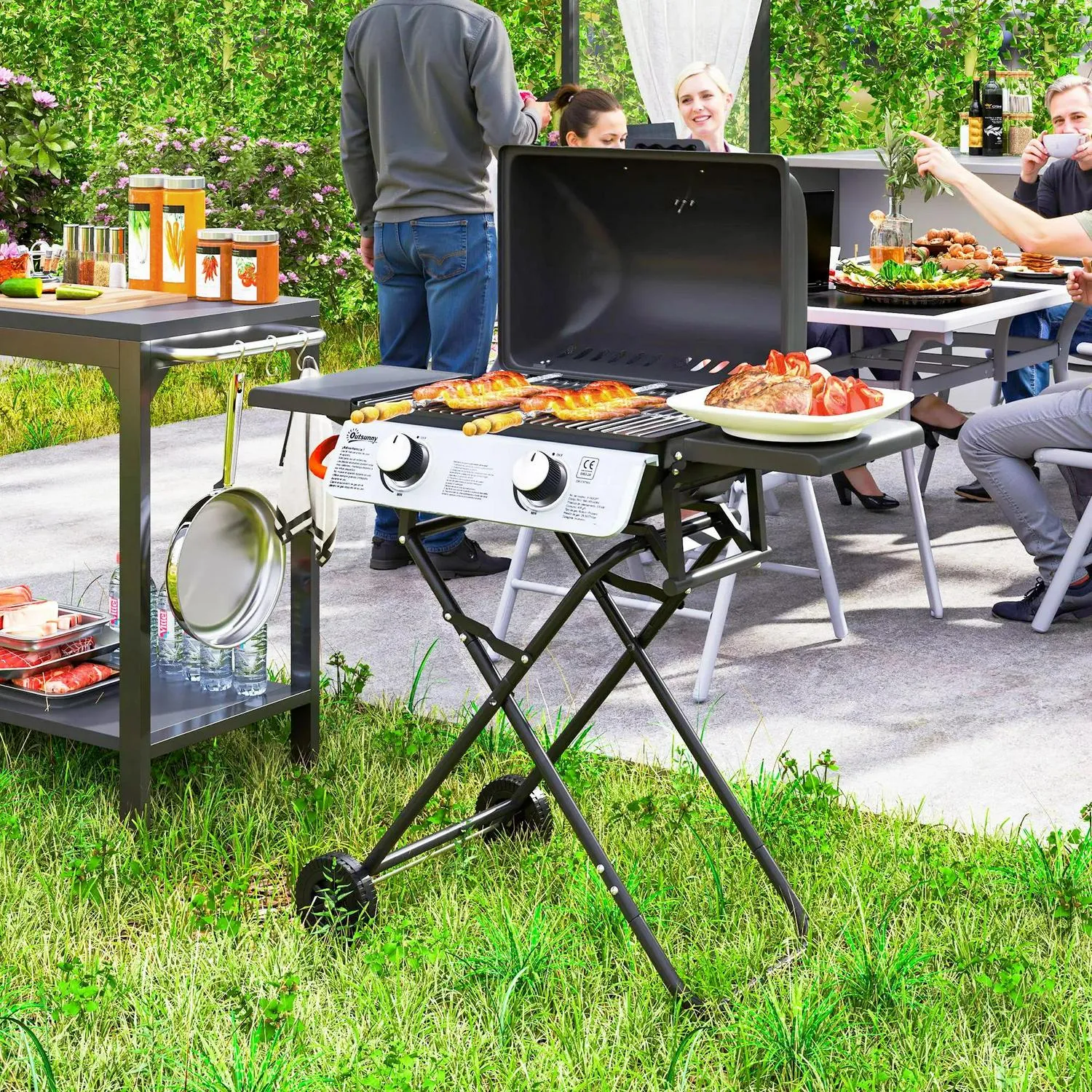 Black For 5.6KW, Tables, Grill Trolley Outdoor Lid Tray Barbecue Picnic Gas Portable Party Outsunny BBQ Side Folding Creative Foldable Burner Specialized items Garden Grease Cooking, Camping With 2 Wheels, Thermometer
