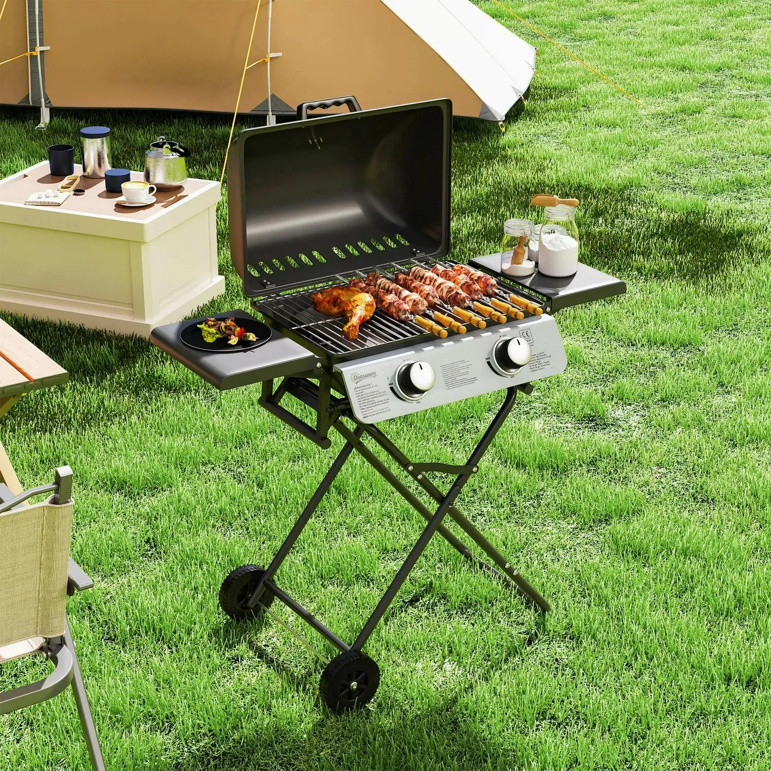 Black For 5.6KW, Tables, Grill Trolley Outdoor Lid Tray Barbecue Picnic Gas Portable Party Outsunny BBQ Side Folding Creative Foldable Burner Specialized items Garden Grease Cooking, Camping With 2 Wheels, Thermometer