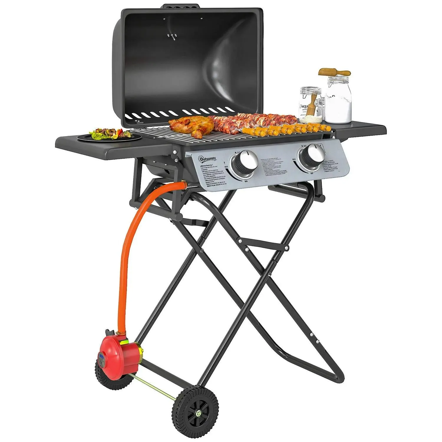 Black For 5.6KW, Tables, Grill Trolley Outdoor Lid Tray Barbecue Picnic Gas Portable Party Outsunny BBQ Side Folding Creative Foldable Burner Specialized items Garden Grease Cooking, Camping With 2 Wheels, Thermometer