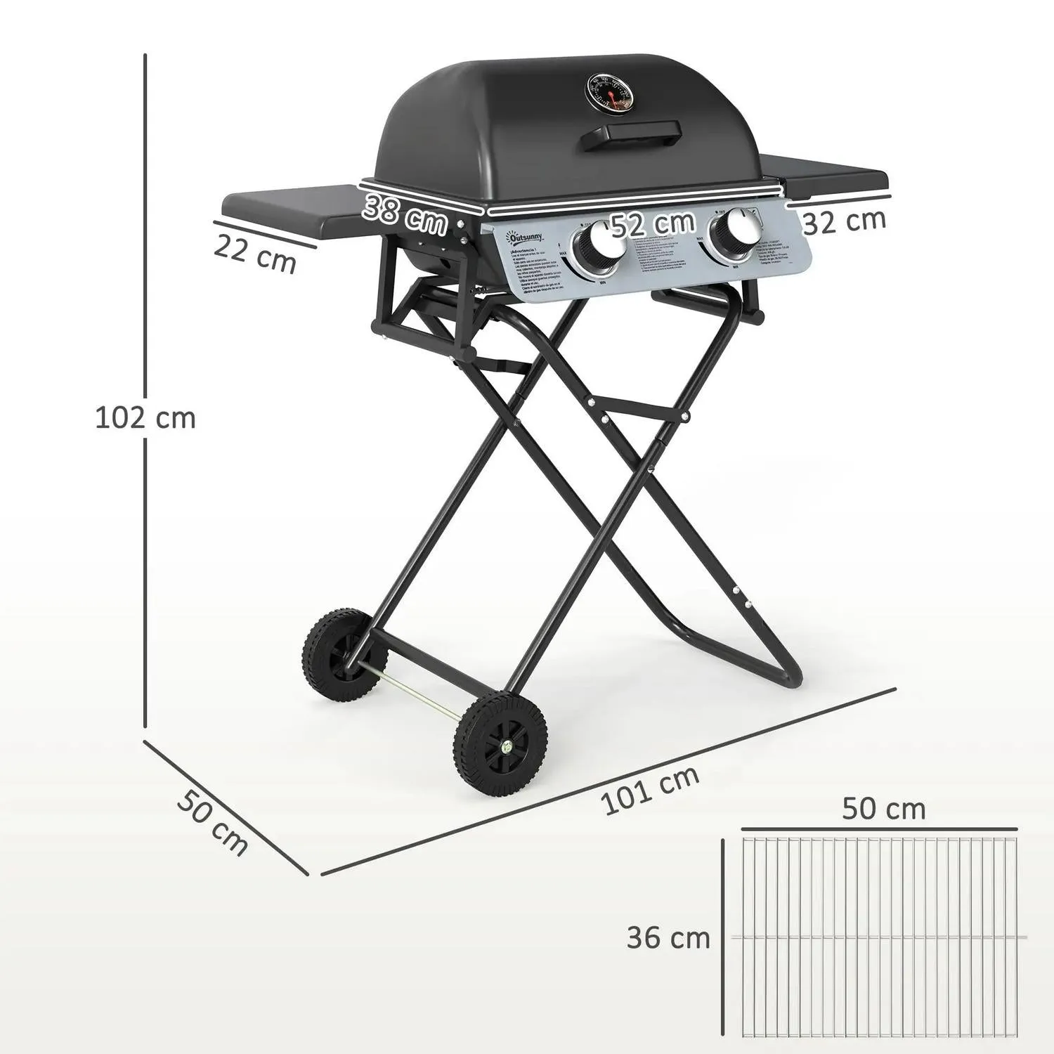 Black For 5.6KW, Tables, Grill Trolley Outdoor Lid Tray Barbecue Picnic Gas Portable Party Outsunny BBQ Side Folding Creative Foldable Burner Specialized items Garden Grease Cooking, Camping With 2 Wheels, Thermometer