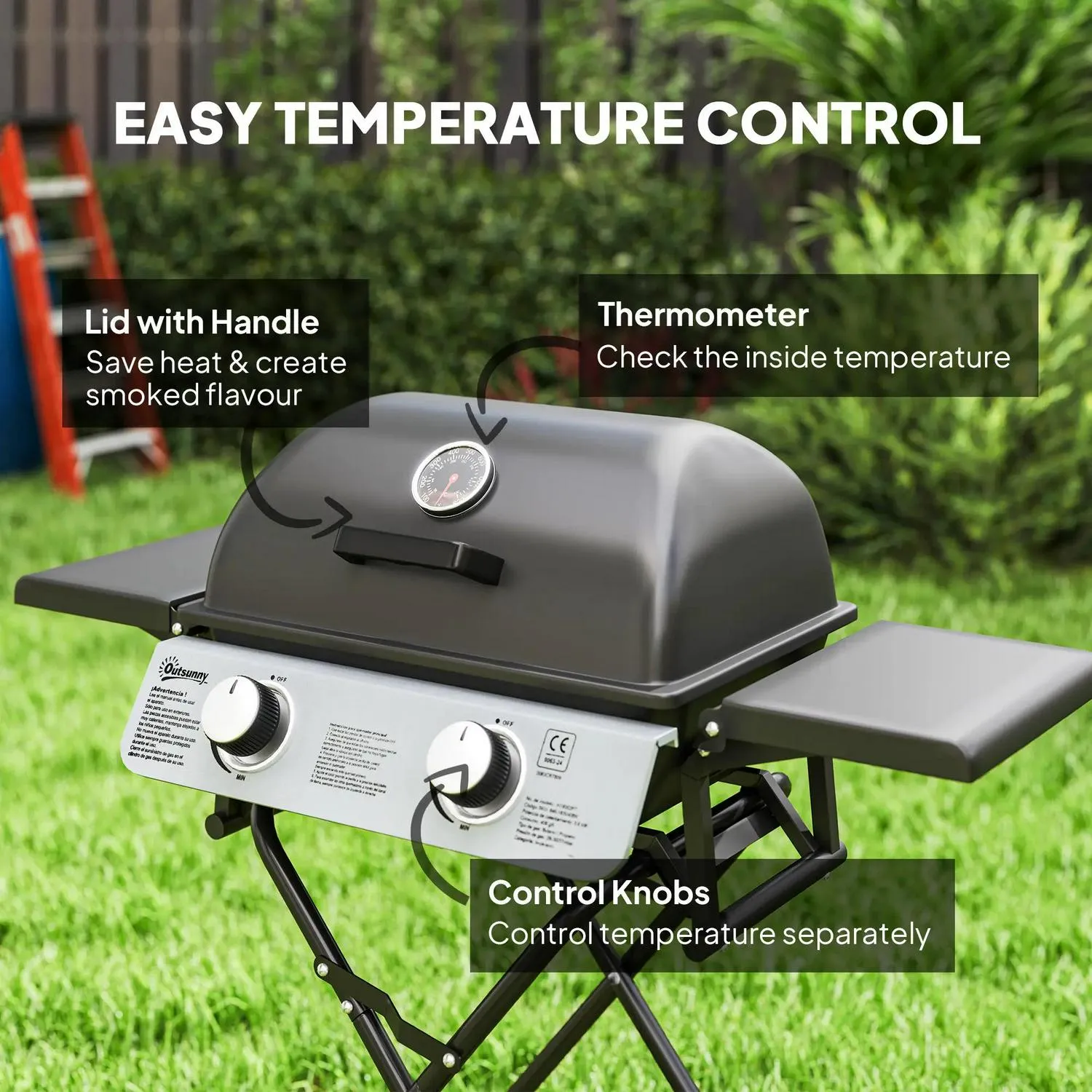 Black For 5.6KW, Tables, Grill Trolley Outdoor Lid Tray Barbecue Picnic Gas Portable Party Outsunny BBQ Side Folding Creative Foldable Burner Specialized items Garden Grease Cooking, Camping With 2 Wheels, Thermometer