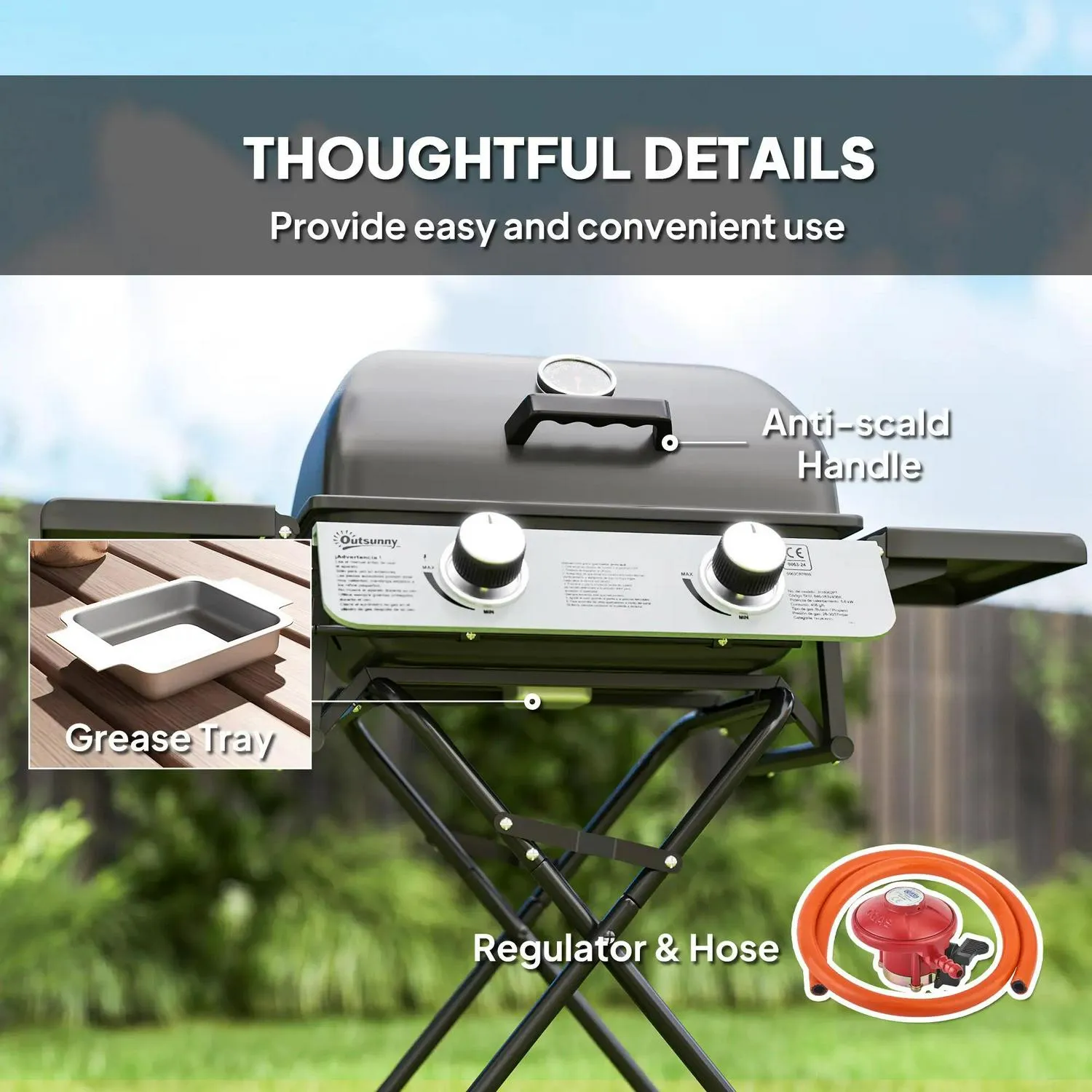 Black For 5.6KW, Tables, Grill Trolley Outdoor Lid Tray Barbecue Picnic Gas Portable Party Outsunny BBQ Side Folding Creative Foldable Burner Specialized items Garden Grease Cooking, Camping With 2 Wheels, Thermometer