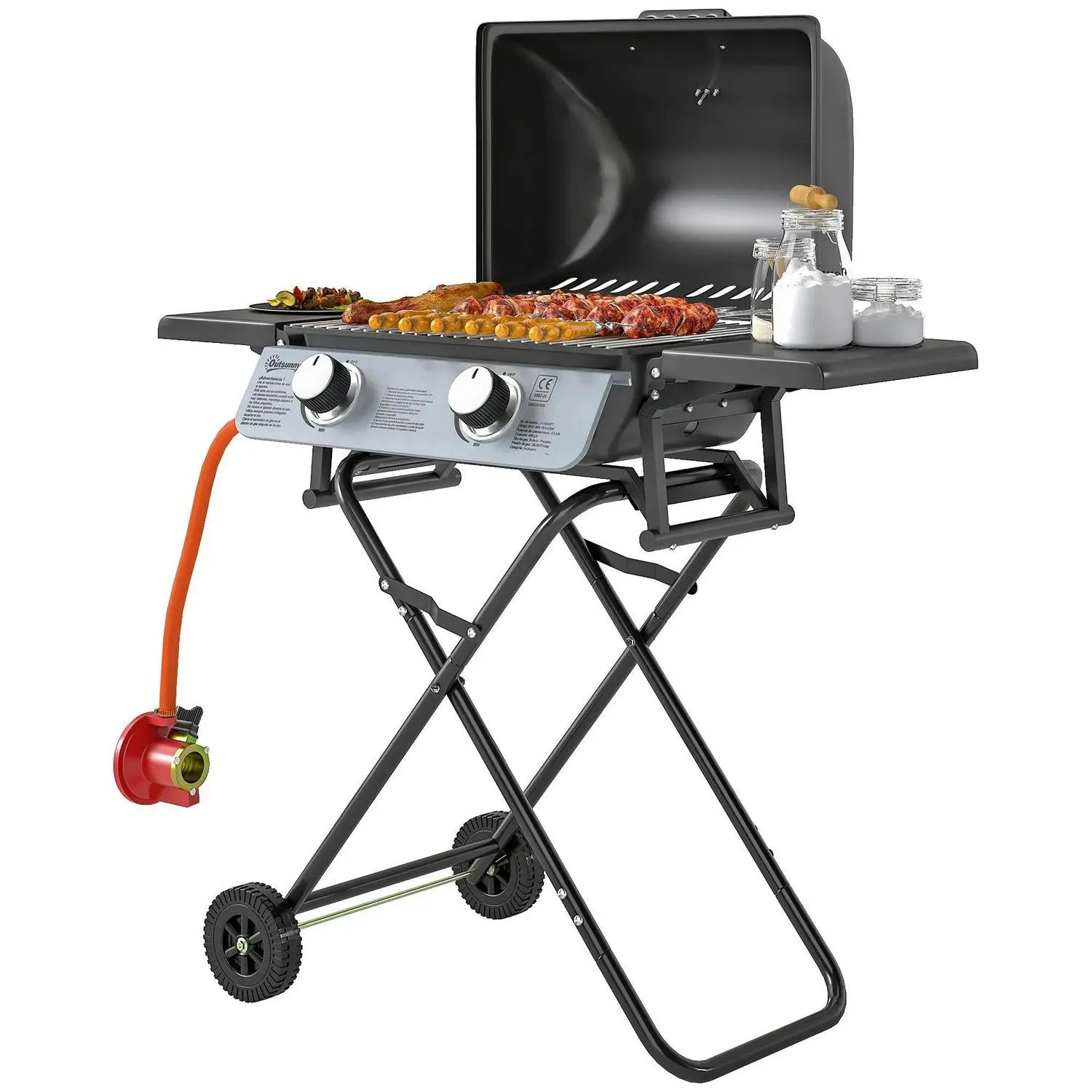 Black For 5.6KW, Tables, Grill Trolley Outdoor Lid Tray Barbecue Picnic Gas Portable Party Outsunny BBQ Side Folding Creative Foldable Burner Specialized items Garden Grease Cooking, Camping With 2 Wheels, Thermometer