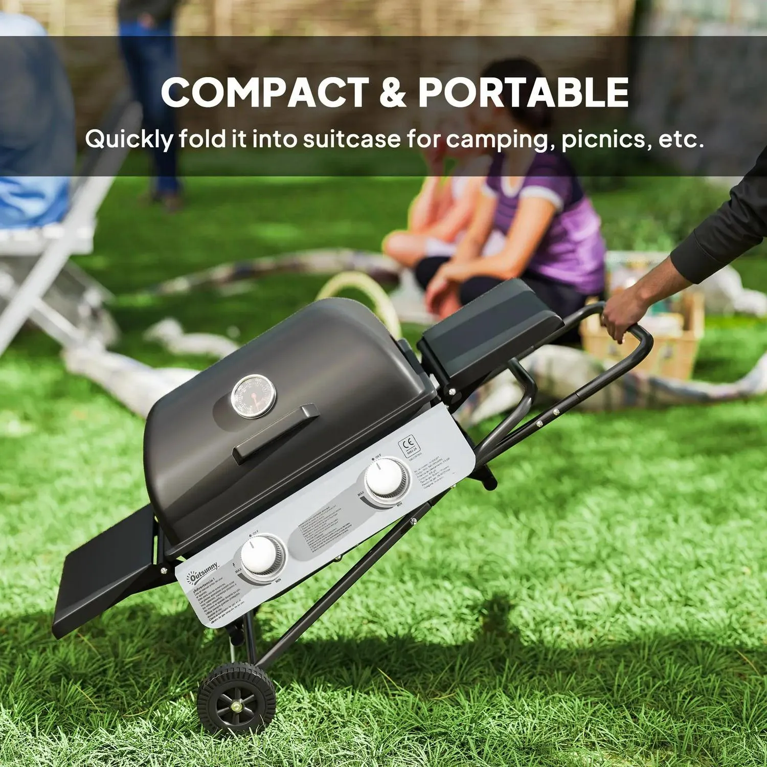 Black For 5.6KW, Tables, Grill Trolley Outdoor Lid Tray Barbecue Picnic Gas Portable Party Outsunny BBQ Side Folding Creative Foldable Burner Specialized items Garden Grease Cooking, Camping With 2 Wheels, Thermometer