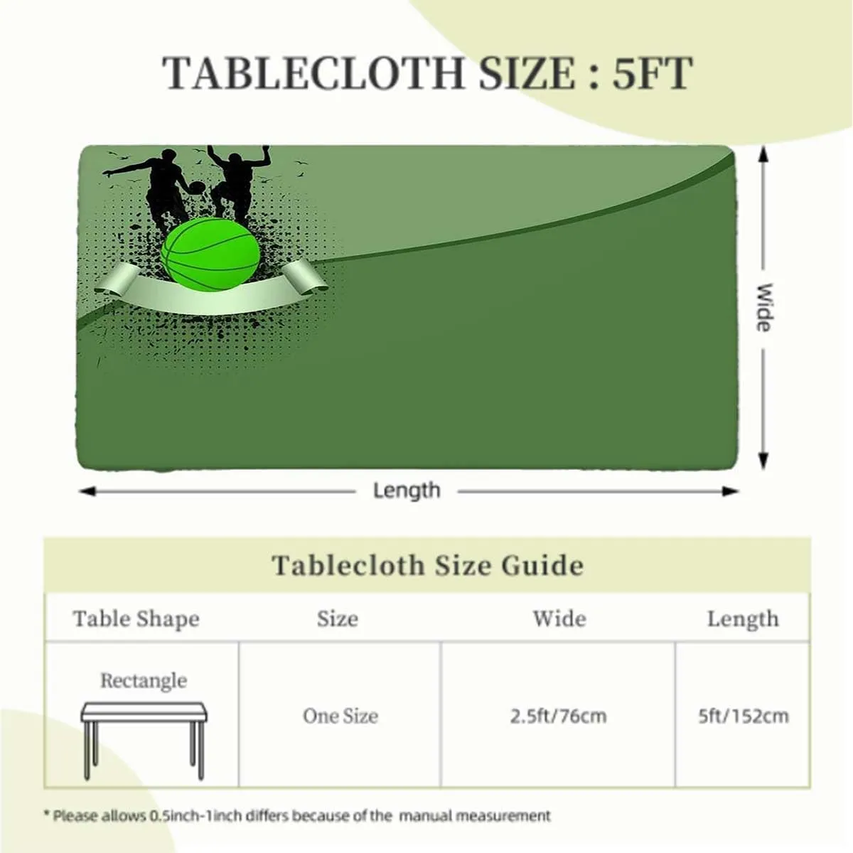 Black Green Tablecloth for Folding Table Basketball Player Silhouette Tablecloth Fitted Table Cloth Rectangle Table Doodle Style Art Fits up 5 Foot Tables