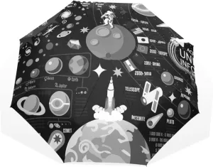 Black White Cosmic Space Galaxy Planets Pluto Venus Mars Jupiter Travel Umbrella, Hand Open Close Windproof Waterproof Folding Umbrella, Black Tape Compact Canopy Strong Anti UV Ray Parasol