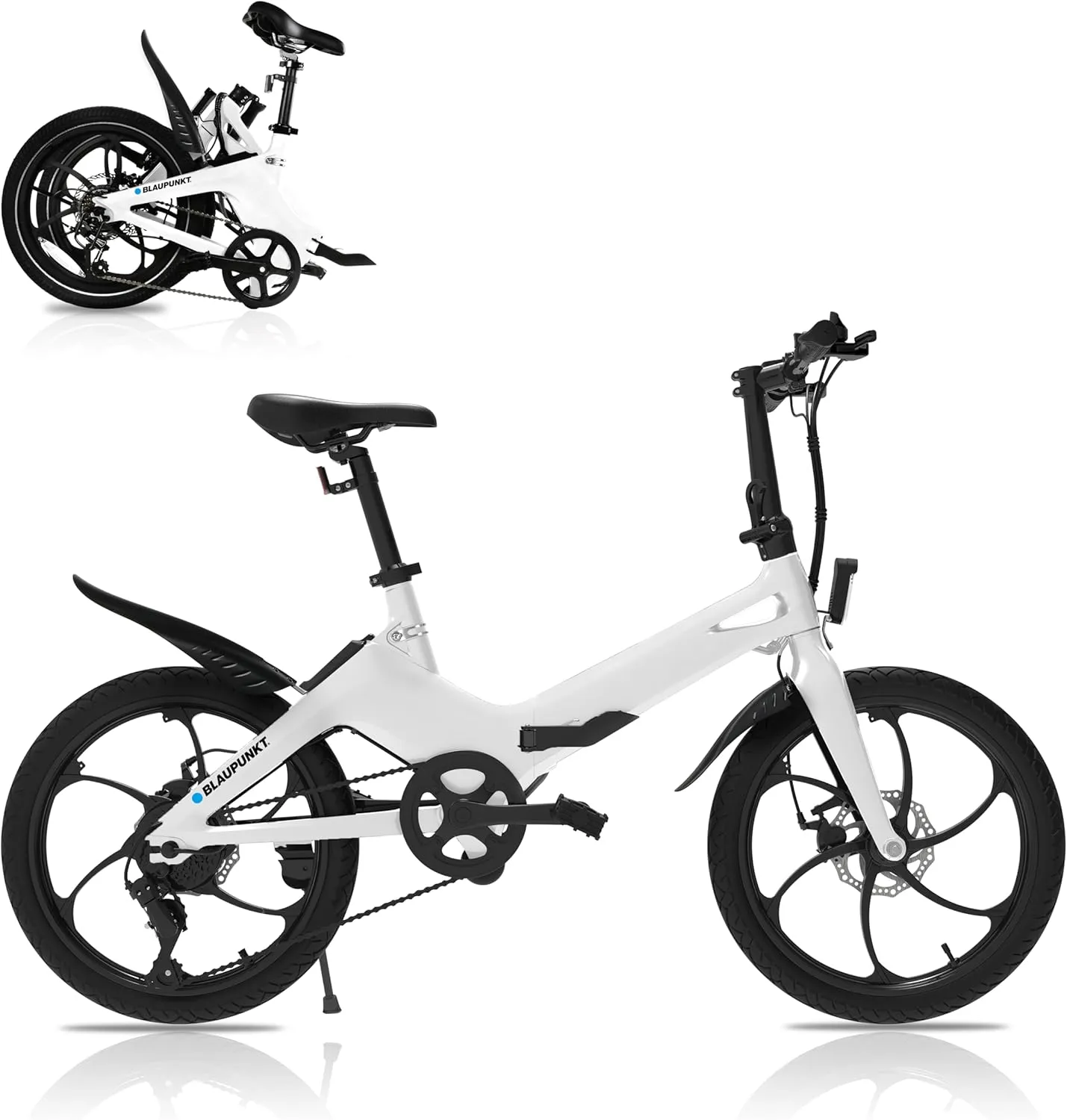 BLAUPUNKT Folding Electric Bike for Adults, 350W Lightweight UL Certified eBike, 20 Inch Tire, Pedal and Throttle Assist, Foldable Step-Through Frame, White