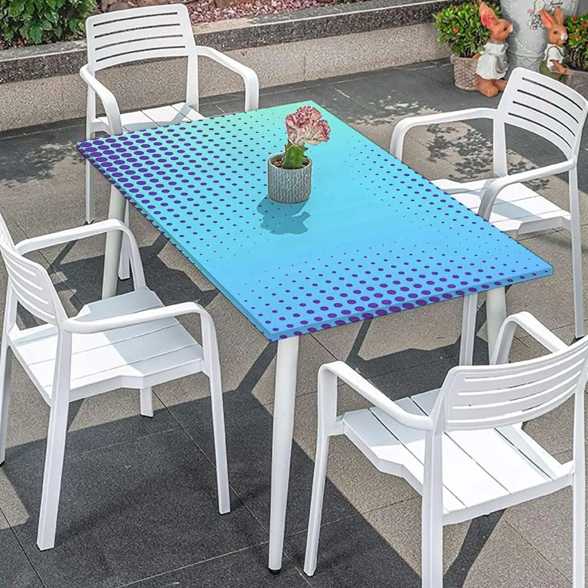 Blue Tablecloth Elastic Edge Fitted Gradient Little Geometric Background Protector with Elastic for Rectangle Picnic Tables, Washable Abstract Fits up 4 Foot Tables