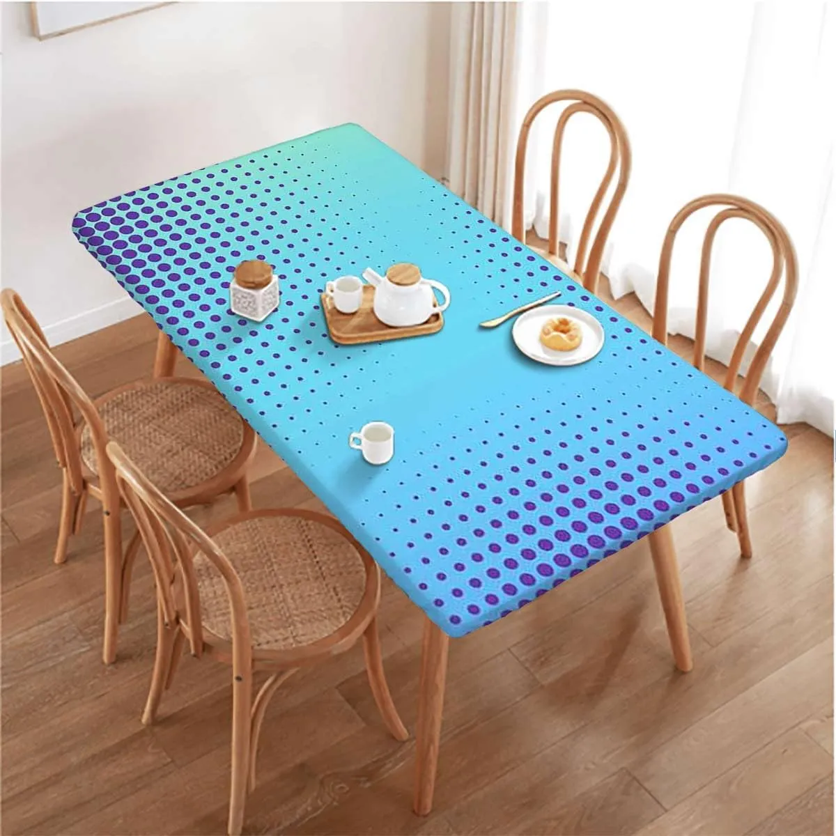 Blue Tablecloth Elastic Edge Fitted Gradient Little Geometric Background Protector with Elastic for Rectangle Picnic Tables, Washable Abstract Fits up 4 Foot Tables