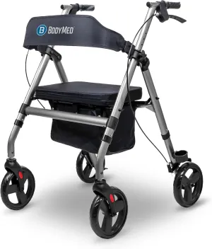 BodyMed Rollator with 8 in. Wheels - Adjustable Padded Seat, Dual Brake System, Compact Folding Design, Suitable for Most Terrains - Mobility Aid for Recovery and Daily Living