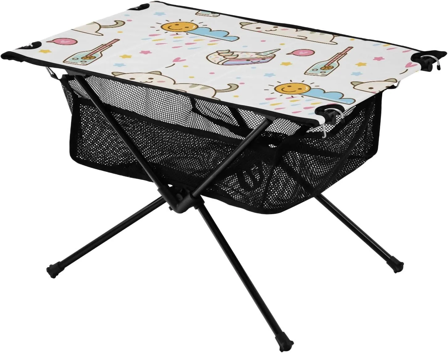 Bolaz Outdoor Folding Portable Picnic Camping Table-Cartoon Cat and Sun Print,Storage Mesh for Camping Gear Accessories, Hiking, Mountaineering, Outdoor Travel