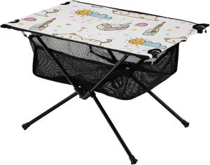 Bolaz Outdoor Folding Portable Picnic Camping Table-Cartoon Cat and Sun Print,Storage Mesh for Camping Gear Accessories, Hiking, Mountaineering, Outdoor Travel
