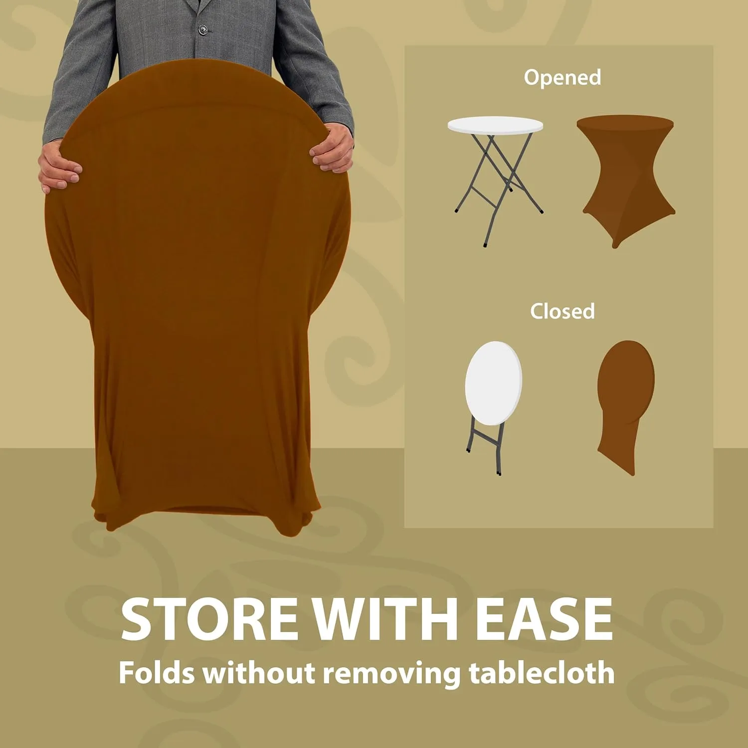 Brown 32 Inch Round x 30 Inch Tall Spandex Cocktail Tablecloth Folding Cover Stretch