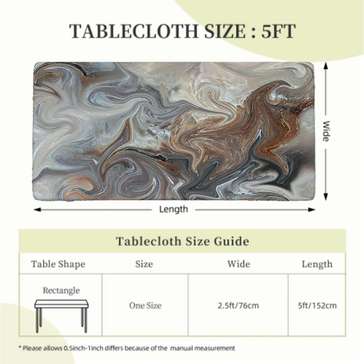 Brown Light Grey Folding Table Cover Marbling Texture Watercolor Artwork Folding Table Cover Rectangle Polyester ?Tablecloth for Picnic Party Marble Fits up 5 Foot Tables