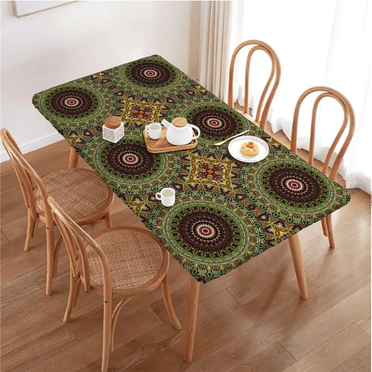 Brown Orange Tablecloth for Folding Table Mandala Flower Floral Fitted Spandex Stretch Square Table Covers Caps Elastic Square Tablecloth Eastern Design Fits up 5 Foot Tables