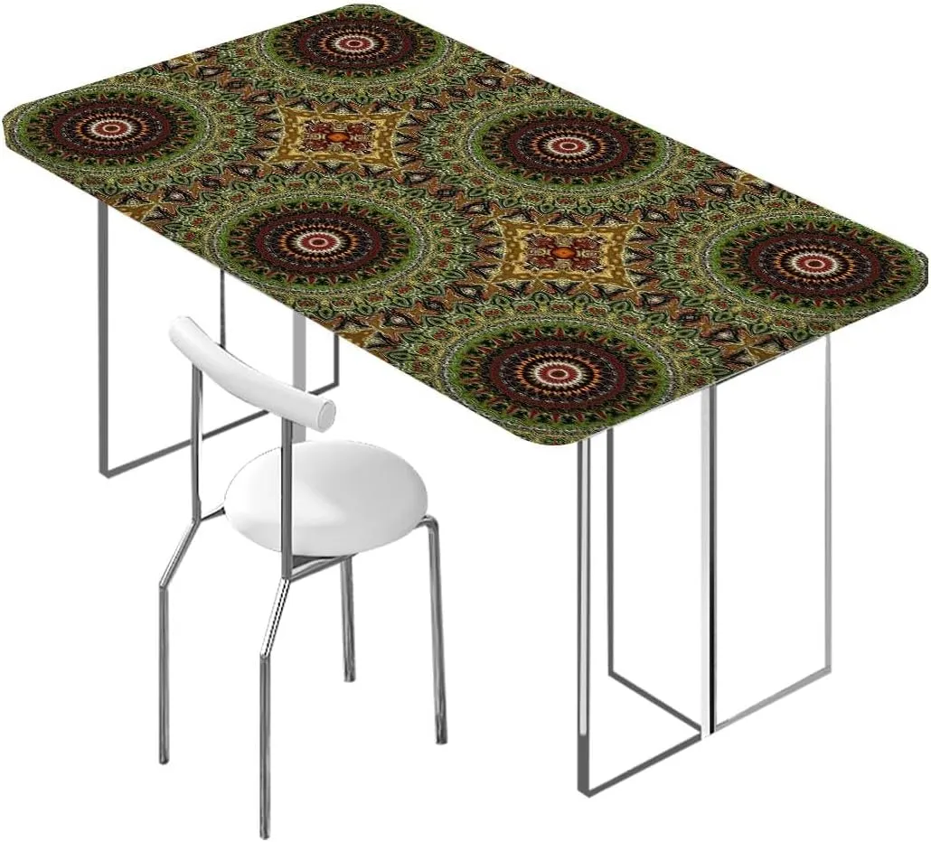 Brown Orange Tablecloth for Folding Table Mandala Flower Floral Fitted Spandex Stretch Square Table Covers Caps Elastic Square Tablecloth Eastern Design Fits up 5 Foot Tables