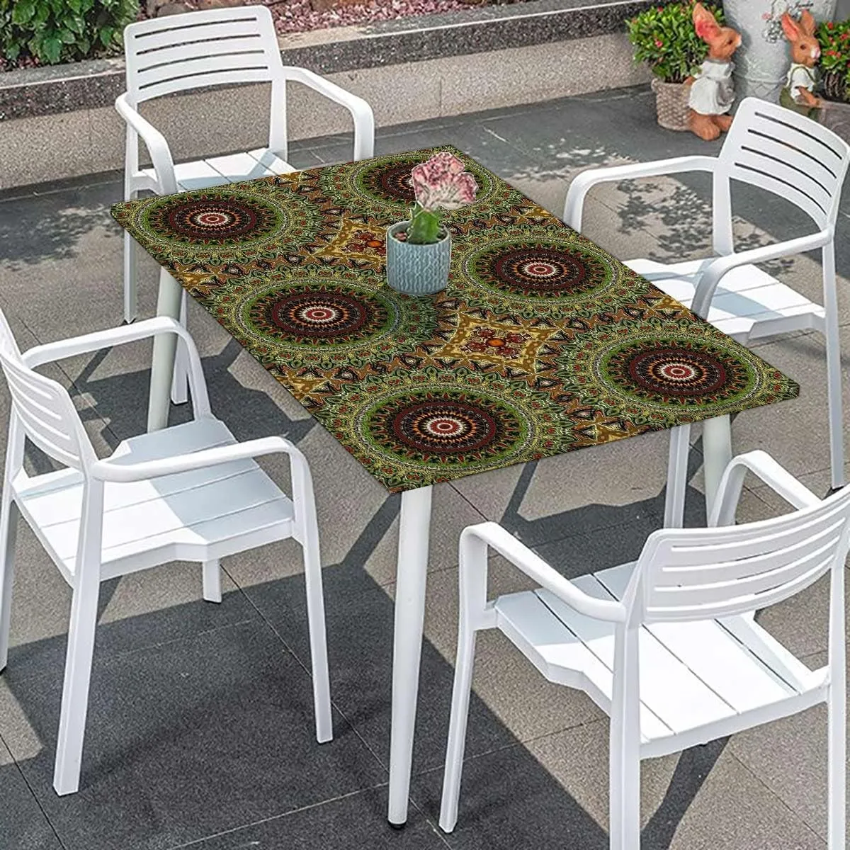Brown Orange Tablecloth for Folding Table Mandala Flower Floral Fitted Spandex Stretch Square Table Covers Caps Elastic Square Tablecloth Eastern Design Fits up 5 Foot Tables