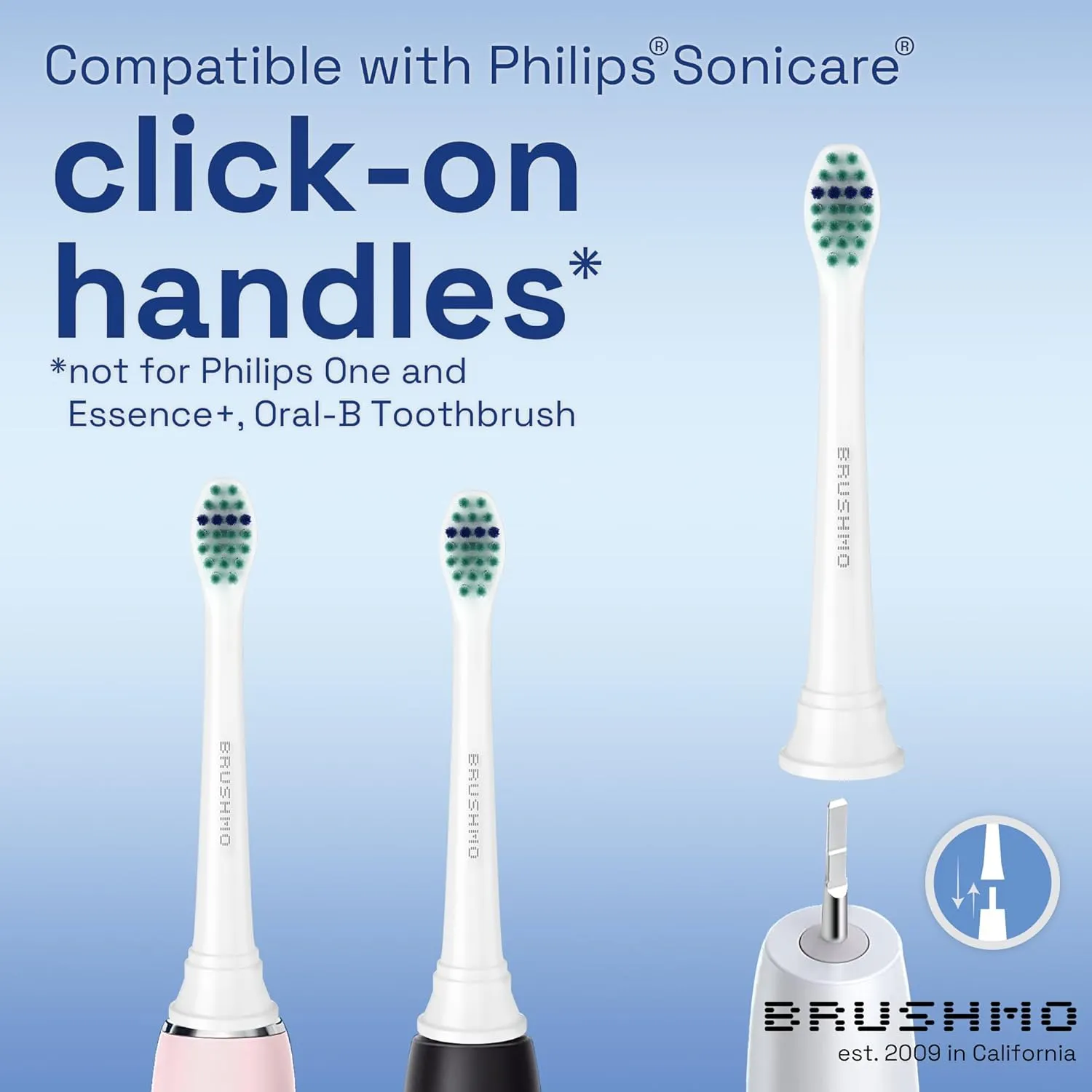 Brushmo Total Clean Replacement Toothbrush Heads, Compatible with Philips Sonicare Click-on Electric Toothbrush Handles, 8 Compact Heads for Hard-to-Reach Areas, Soft Dupont Bristles, BM628, White