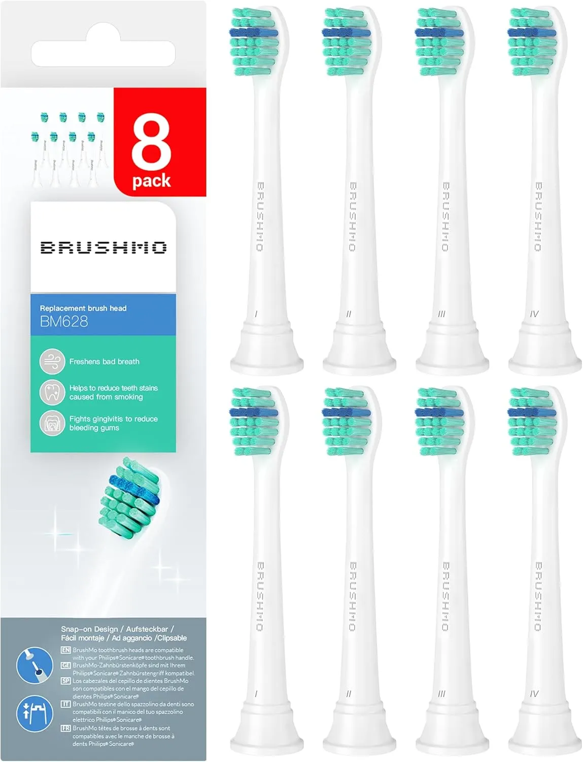 Brushmo Total Clean Replacement Toothbrush Heads, Compatible with Philips Sonicare Click-on Electric Toothbrush Handles, 8 Compact Heads for Hard-to-Reach Areas, Soft Dupont Bristles, BM628, White