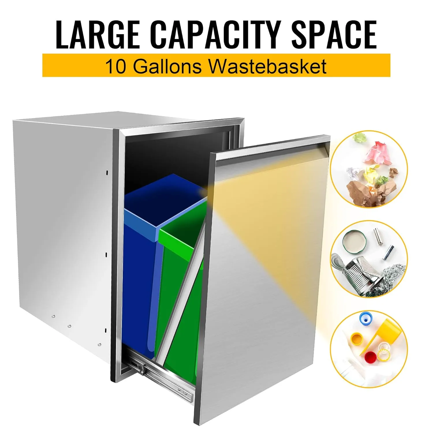 Built-in Double Trash Drawer 20''Wx27''Hx24''D, Pull-Out Trash Drawer, Outdoor Kitchen Stainless Steel Trash Bin for BBQ Island Grill Station