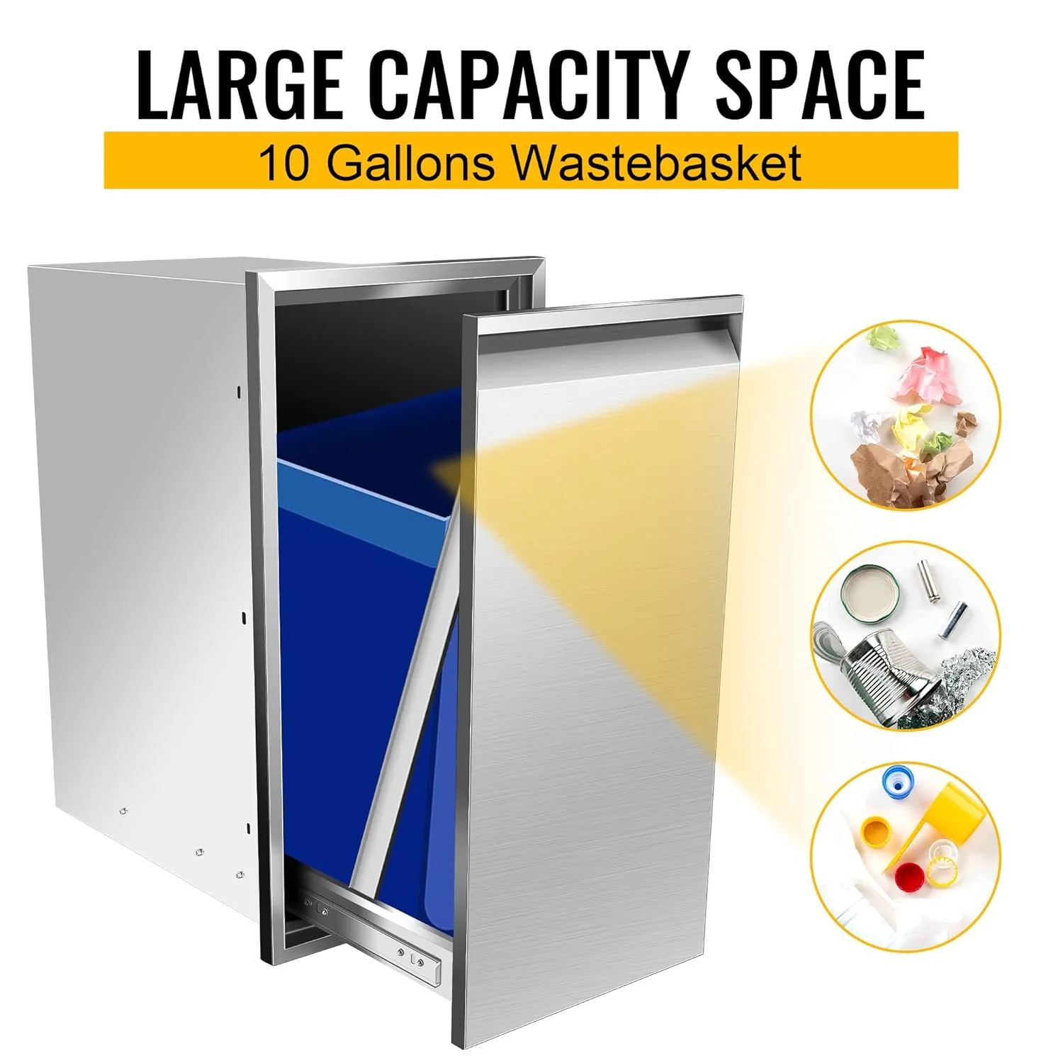 Built-in Single Trash Drawer 14''Wx27''Hx20''D, Pull-Out Trash Drawer, Outdoor Kitchen Stainless Steel Trash Bin for BBQ Island Grill Station
