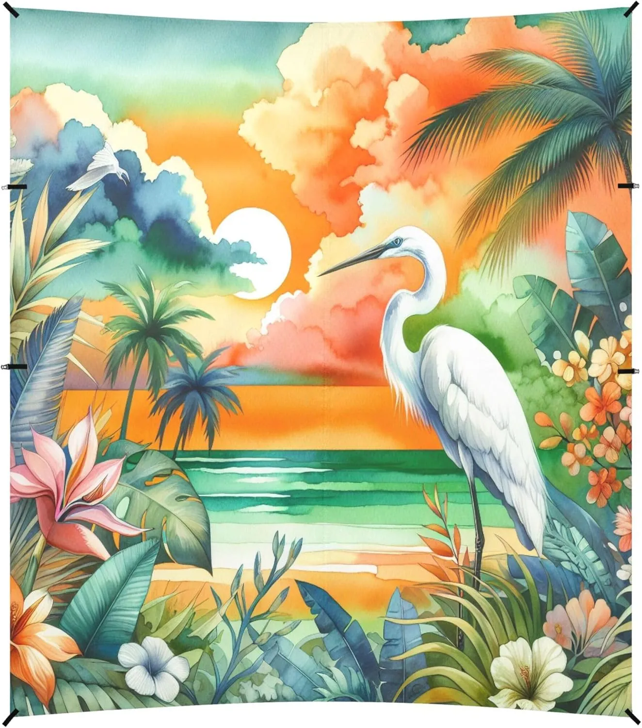 Burbuja Egret Bird with Palm Trees Beach Canopy Windproof Beach Tent Sun Shade with 4 Sandbags & Sand Shovel, Portable Sun Shelter for Family Camping Picnic