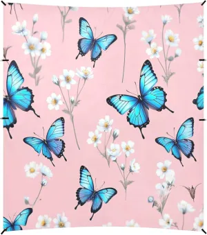 Burbuja White Flowers Blue Butterflies Beach Canopy Windproof Beach Tent Sun Shade with 4 Sandbags & Sand Shovel, Portable Sun Shelter for Family Camping Picnic