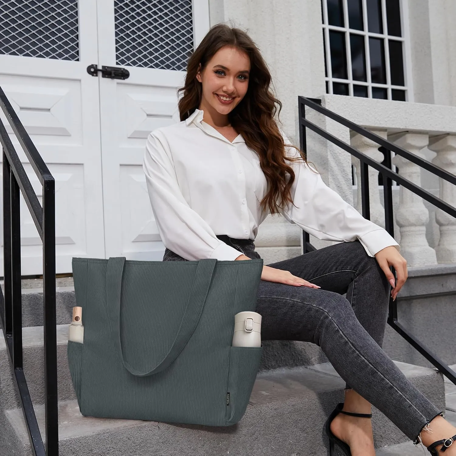 Buringer Corduroy Tote Bag for Women Large Shoulder Bag with Zipper and Pockets for Travel Gym Vacation