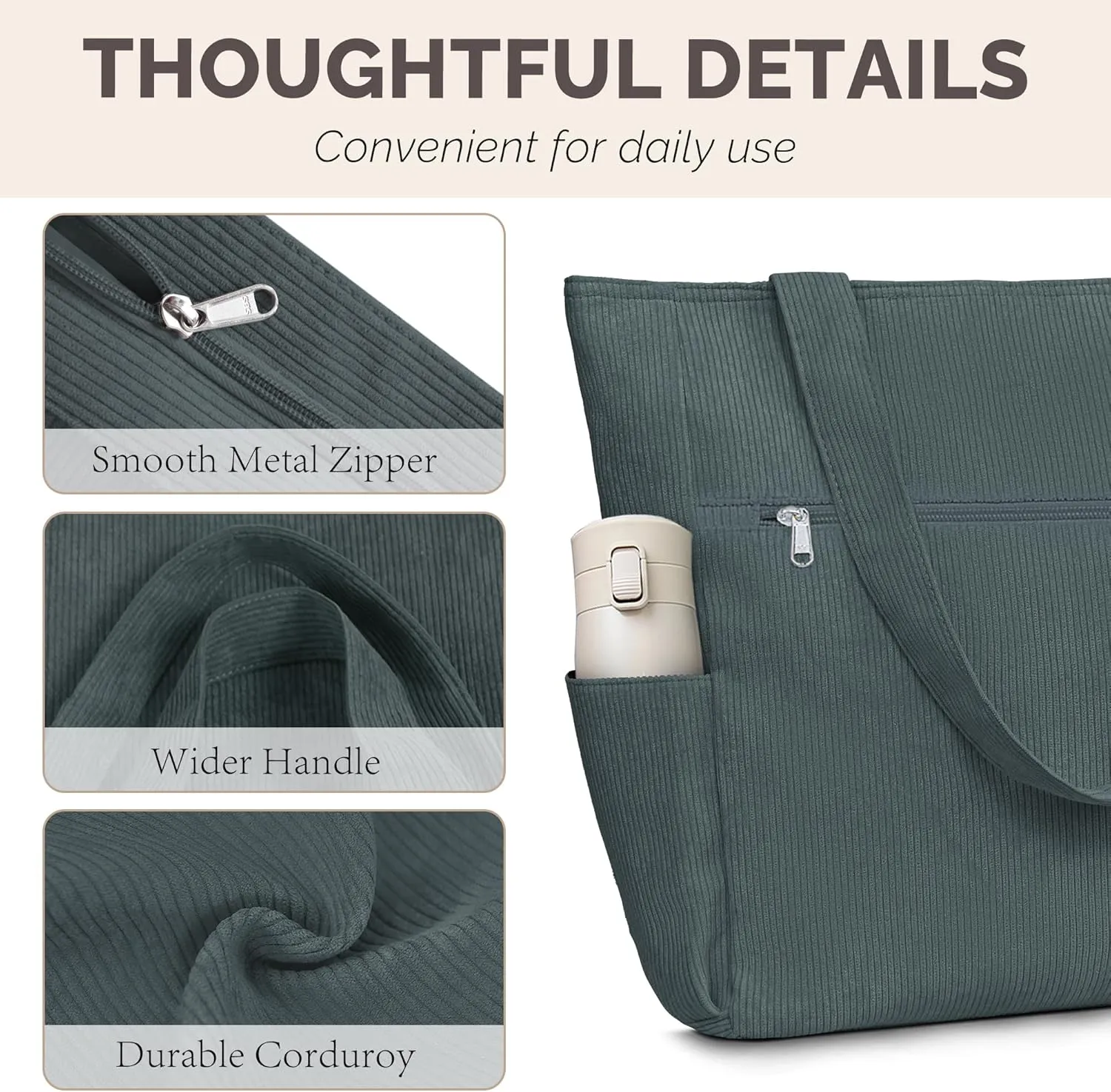 Buringer Corduroy Tote Bag for Women Large Shoulder Bag with Zipper and Pockets for Travel Gym Vacation