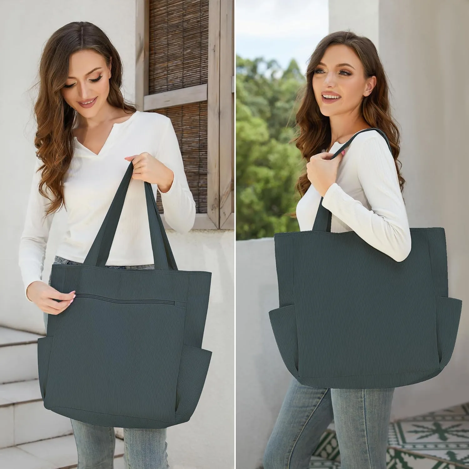Buringer Corduroy Tote Bag for Women Large Shoulder Bag with Zipper and Pockets for Travel Gym Vacation