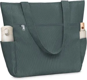 Buringer Corduroy Tote Bag for Women Large Shoulder Bag with Zipper and Pockets for Travel Gym Vacation