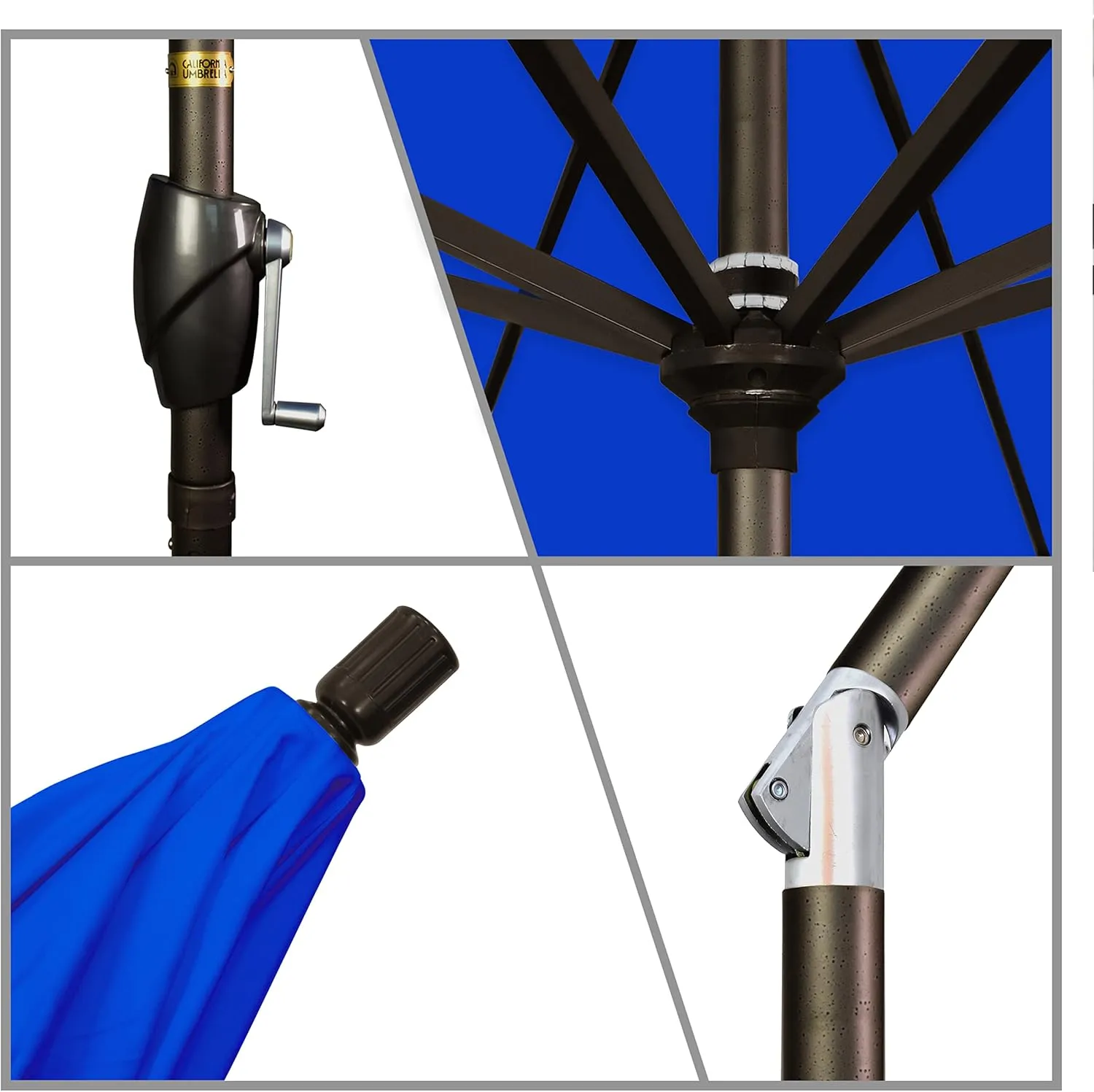 California Umbrella 6' Round Aluminum Market Umbrella, Crank Lift, Push Button Tilt, Bronze Pole, Sunbrella Pacific Blue