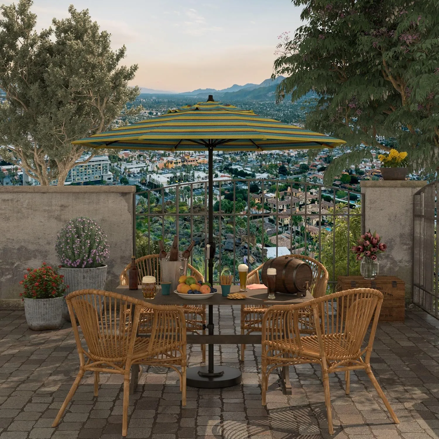 California Umbrella 7.5' Rd Aluminum Patio Umbrella, Crank Lift, Auto Tilt, Black Finish